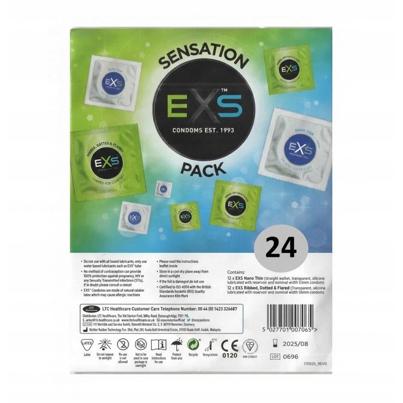 EXS SENSATION Набір презервативів Mix 24 шт. Тонкі, ребристі, з лубрикантом