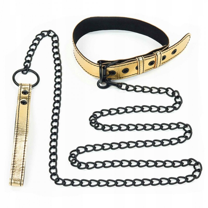 Нашийник БДСМ з металевою обробкою та повідцем - Lovetoy Gold Pup Collar