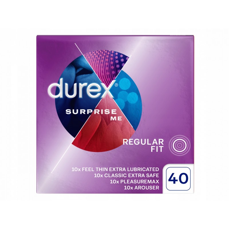 Durex SURPRISE ME набір презервативів мікс 40 шт. Гель Durex Guarana для масажу