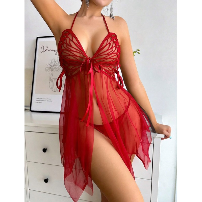 Червоний Babydoll Сексуальна Футболка Нічна Жіноча Еротична Жіноча Стрінги