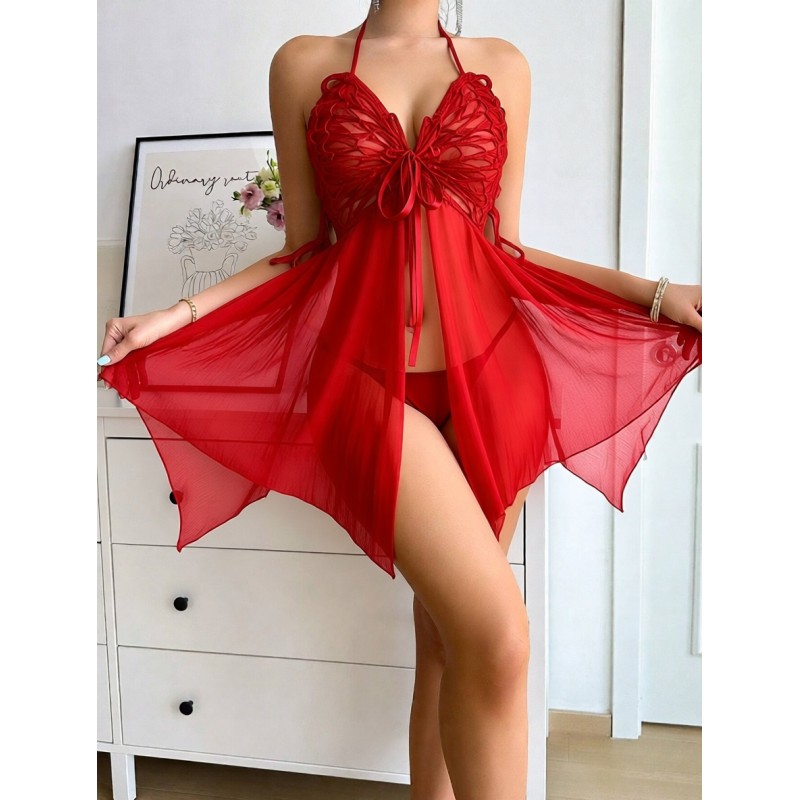 Червоний Babydoll Сексуальна Футболка Нічна Жіноча Еротична Жіноча Стрінги