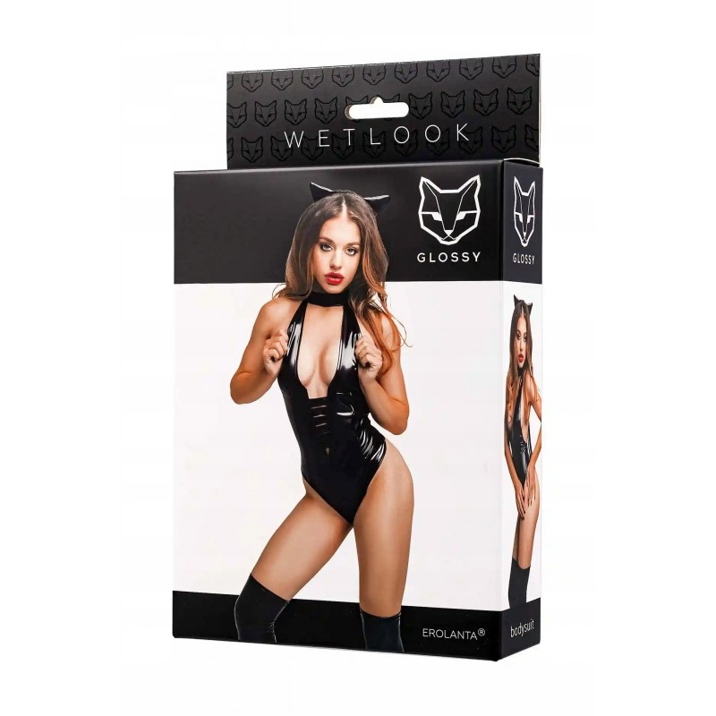 Glossy Kitti, боді та котячі вуха, wetlook, black, XL