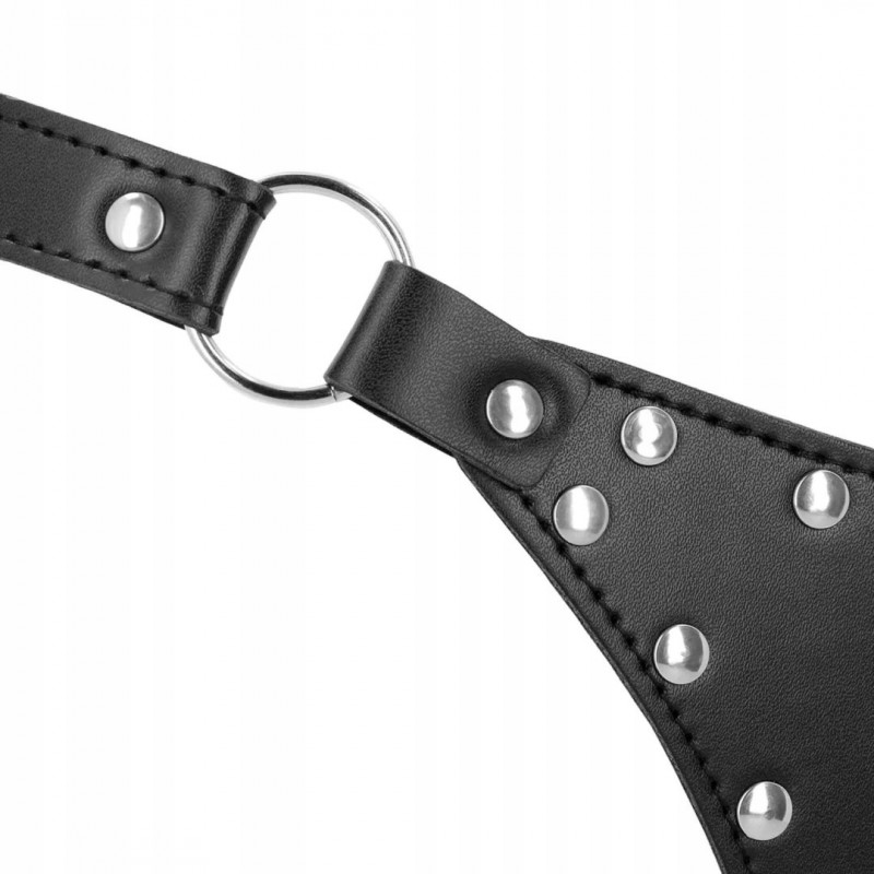 PU Leather Chastity Thong with Chain Detail - Чорний