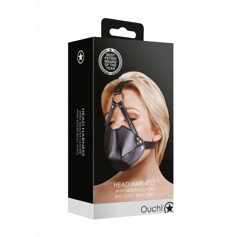 Head Harness with Mouth Cover & Solid Ball Gag - Чорний