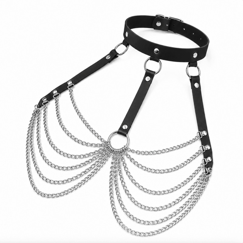 ЖІНОЧИЙ КОМПЛЕКТ (УПРЯЖ) BODY HARNESS ШКІРЯНИЙ БДСМ З ЛАНЦЮЖКАМИ ЧОРНИЙ КОМІР
